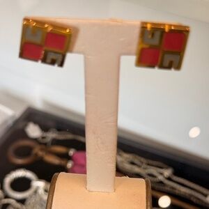 Givenchy Gold VTG Square G Salmon/Gray PARIS/NEW YORK 1978 Designer Earrings